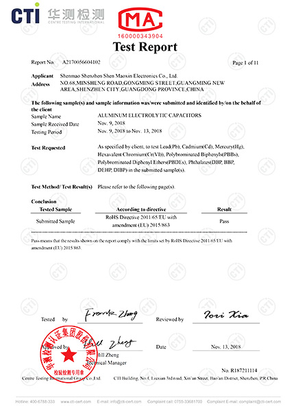 Certificazione ROHS - Shenmao